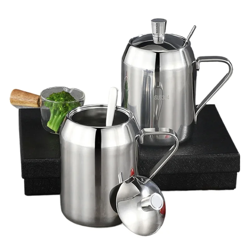 

Stainless Steel Seasoning Jar for Spices Organizer Sugar Bowl Salt Pepper Shaker Oil Can Bottle with Spoon Lid Kitchen Gadget