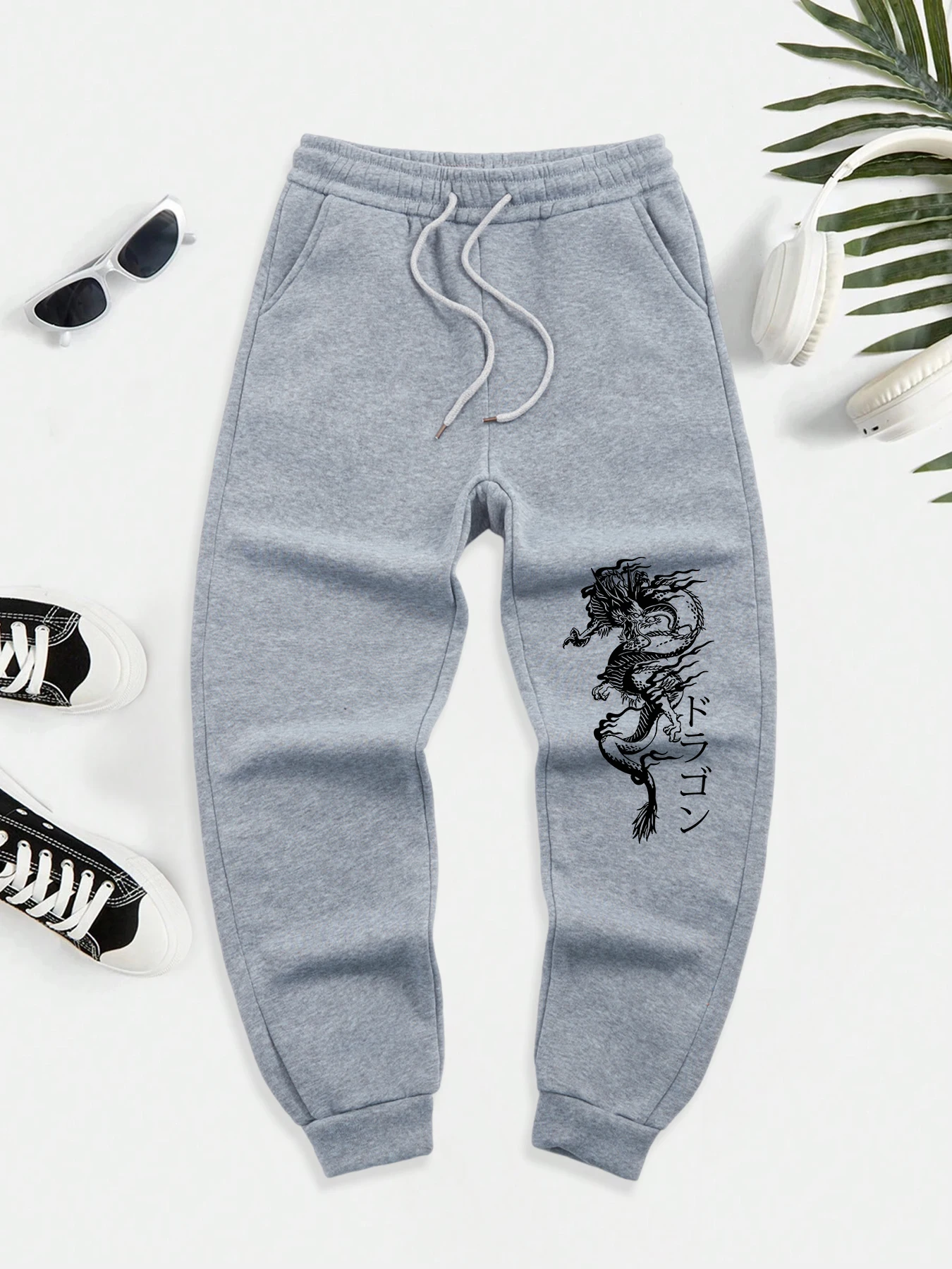 

Japanese Word And Dragon Print Men New Warm Pants Fleece Fashion Trousers Drawstring All-Match Sweatpants Male Autumn Sportpants