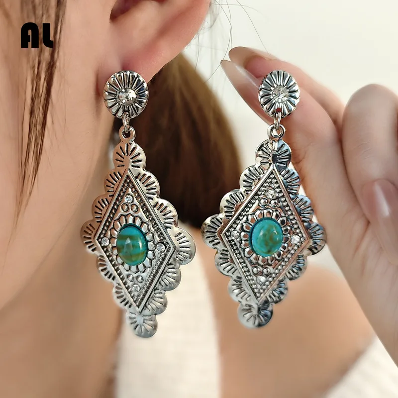 

New Carved Texture Turquoise With Bohemian Ethnic Style, Diamond Shaped Exaggerated Personality Earrings For Women Fine Jewelry