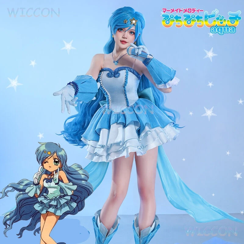 

Mermaid Melody Pichi Pichi Pitch Hanon Hosho Idol Outfit Cosplay Costume Blue Dress Roleplay Halloween Party Clothes Women Shoes