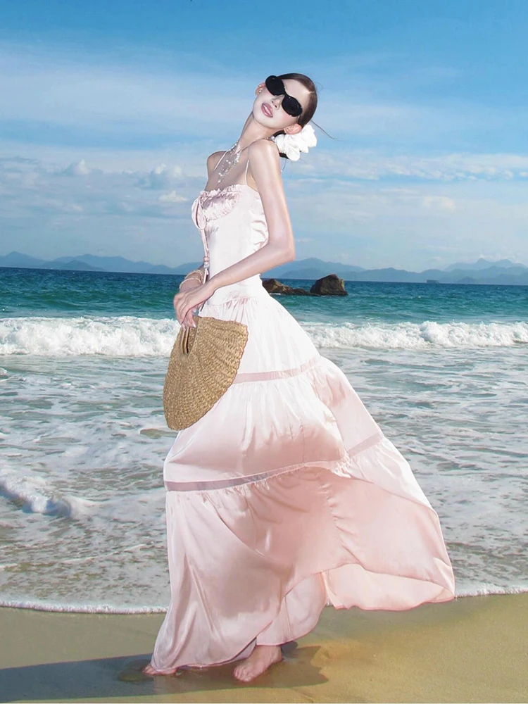 شاطئ Vaion الوردي الساتان تجمع حزام الخصر السفر الدكتور المرأة الصيف عطلة الشاطئ مطابقة قطعة واحدة الدكتور