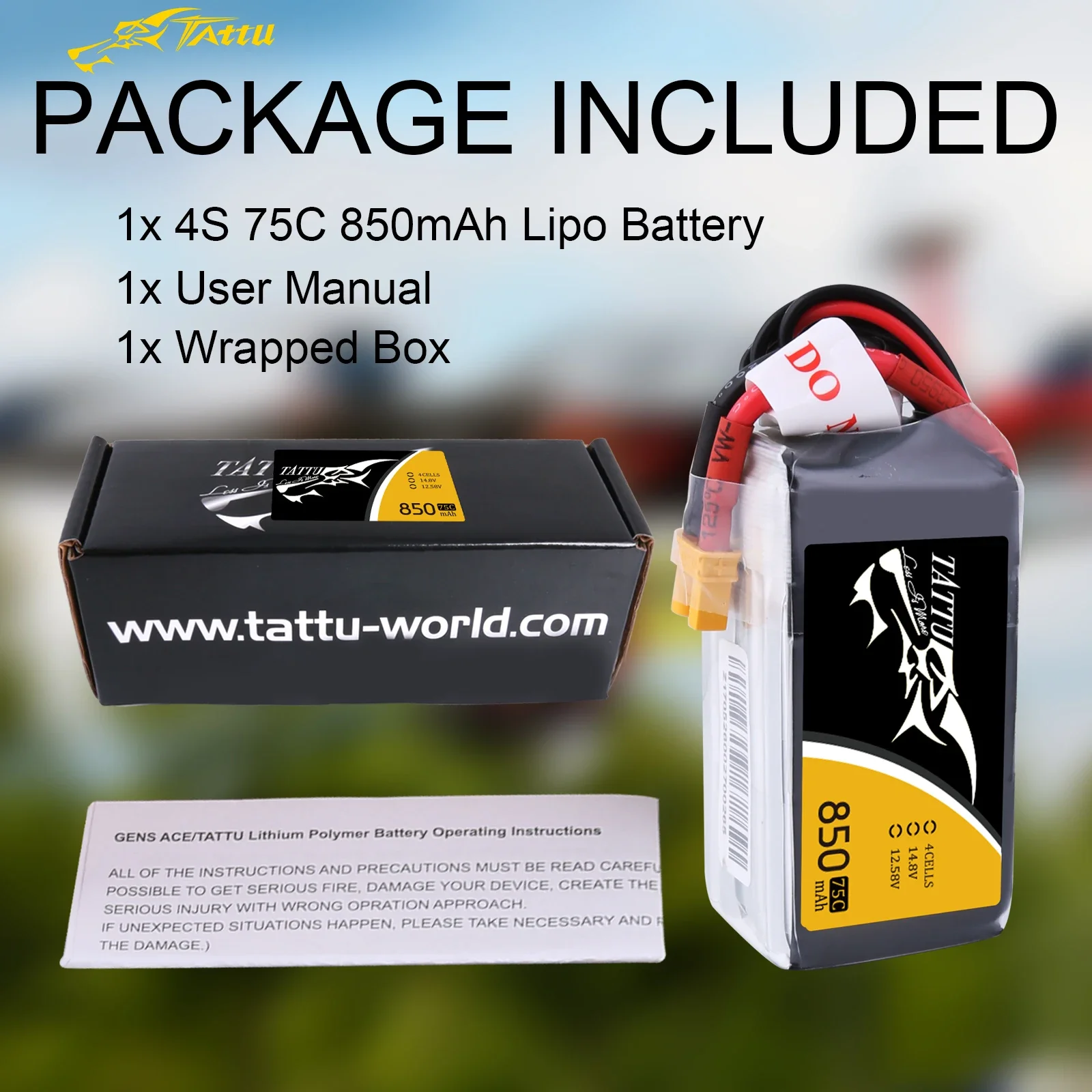 Tattu Lipo Battery 14.8V 850mAh Lipo 4S 75C Racing Battery XT30 Plug for 100-180 Size FPV Drone Quadcopter Helicopter