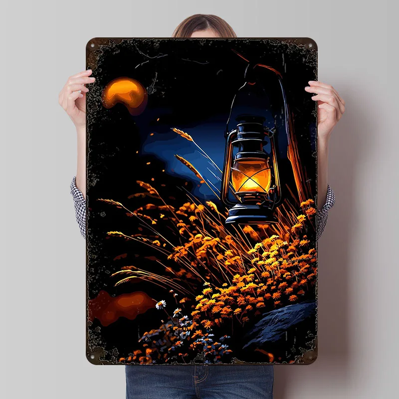Laterne beleuchtet ein Feld bei Nacht, bedrucktes Poster, individuelle Retro-Wandkunst, Vintage-Metallblechschilder für die Mancave-Dekoration