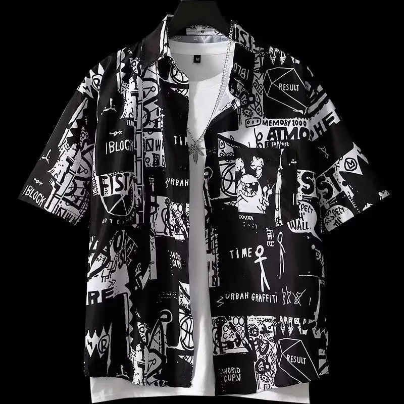 Japanese Retro Printed Short-Sleeve Shirt for Men,Trendy Brand Letter Shirt, Loose Casual VersatileThin Short-Sleeve Dress Shirt