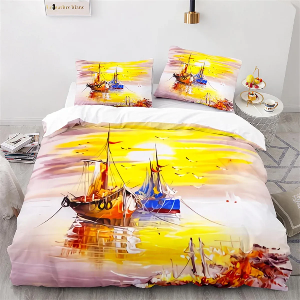 Oil Painting Duvet Cover Abstract Art Print Boat Sunset Animals and Plants Microfiber Landscape Tree Bedroom Decoration Children