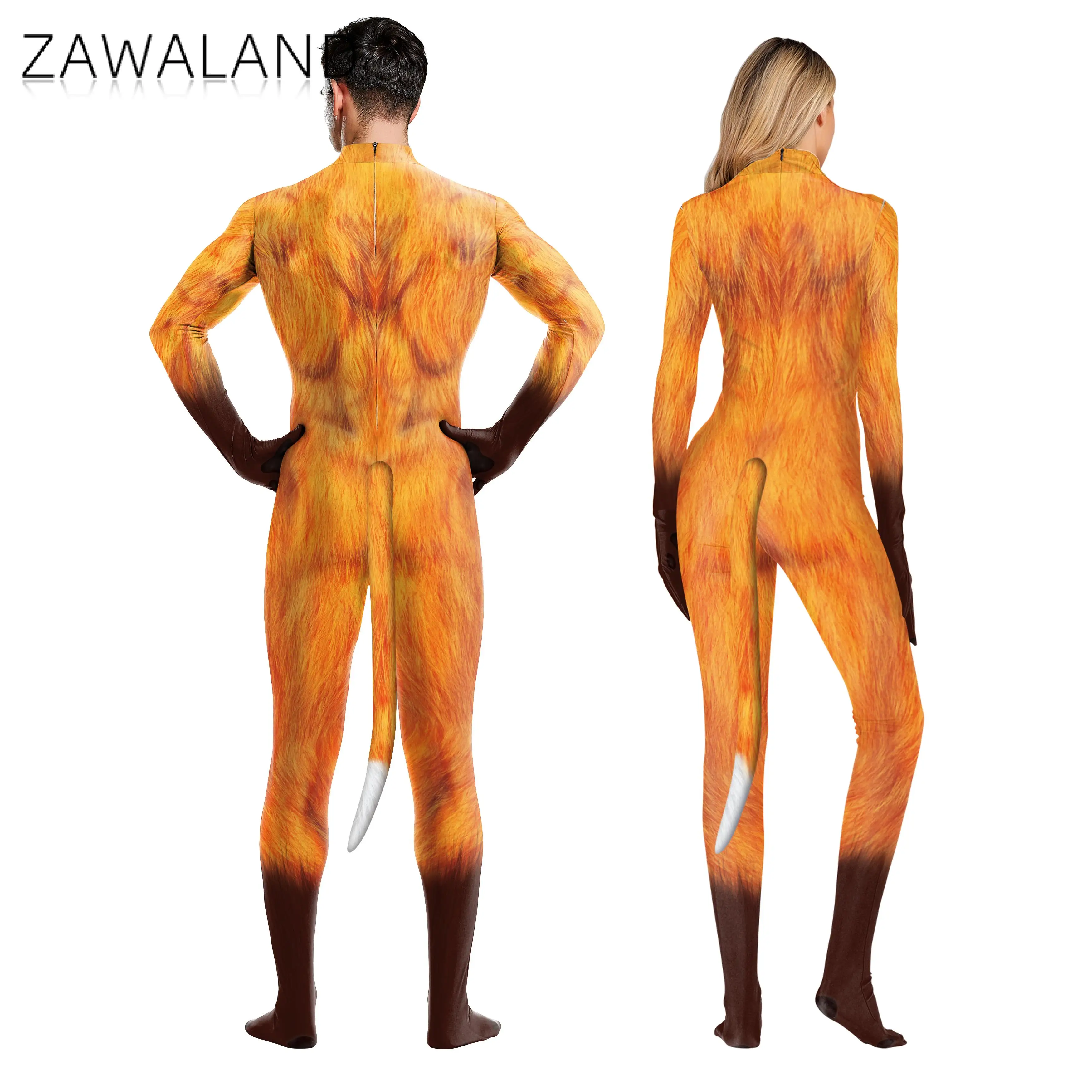 Zawaland-Disfraz completo de Halloween para adultos, traje de Animal de cobertura completa con estampado 3D de zorro, Catsuit de fantasía, mono Zentai Unisex