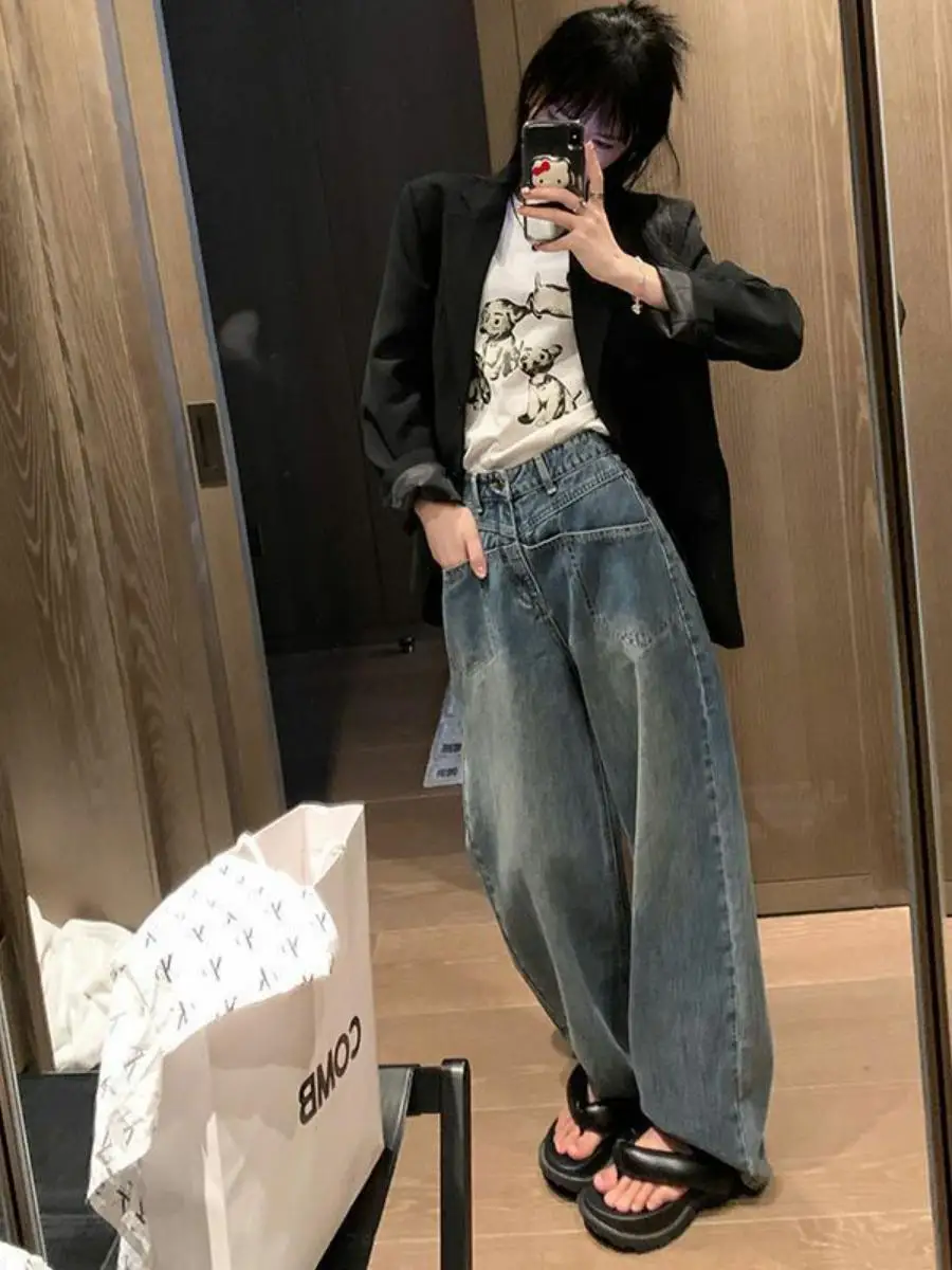 الربيع الصيف عالية الخصر واسعة الساق عارضة المرأة الجينز Personali كيت تصميم السراويل الطويلة خمر مستقيم قطع السراويل