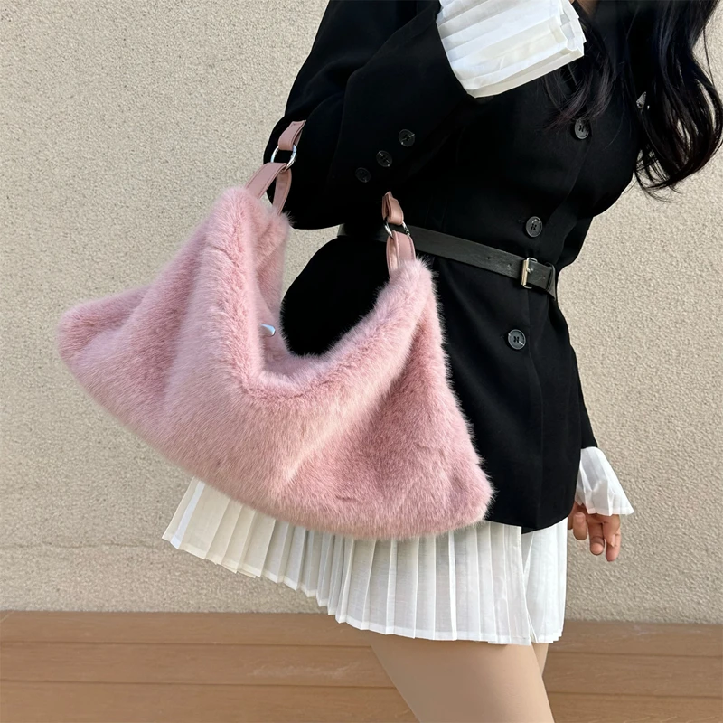 

Женская плюшевая сумка через плечо, сумка на одно плечо, большая вместительная повседневная осенне-зимняя меховая сумка, модная универсальная сумка