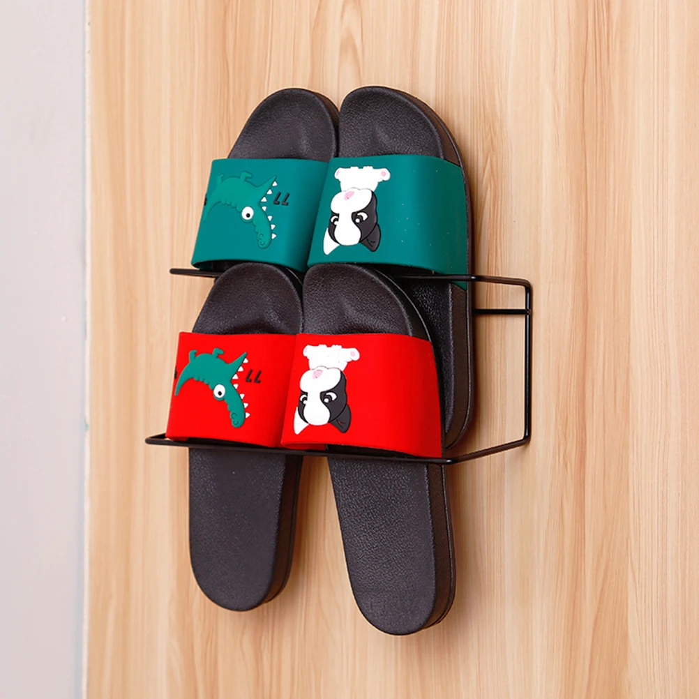 

Wall Mounted Shoe Rack Slippers Shelf Wrought Iron Black Double Layers No Drilling Heavy Duty Smooth Surface Bathroom Shoes