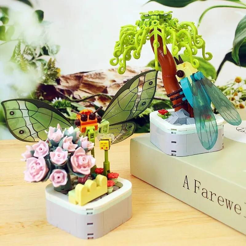 Insect Flower Potted Building Blocks Succulent Bouquet Bricks Model Creative Decoration DIY Assemble Toys Girls Children Gifts