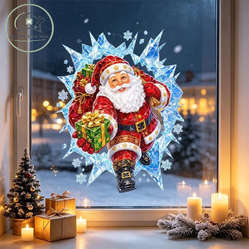 Christmas Santa Claus Window Decal With Removable Adhesive Vibrant 3D Design For Home Xmas Holiday Decor
