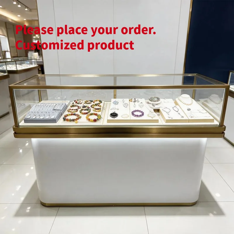 custom.Luxury Rectangular Glass Jewelry Display Showcase Gold Metal Frame White Pedestal Floating LED Counter Retail Boutiqu