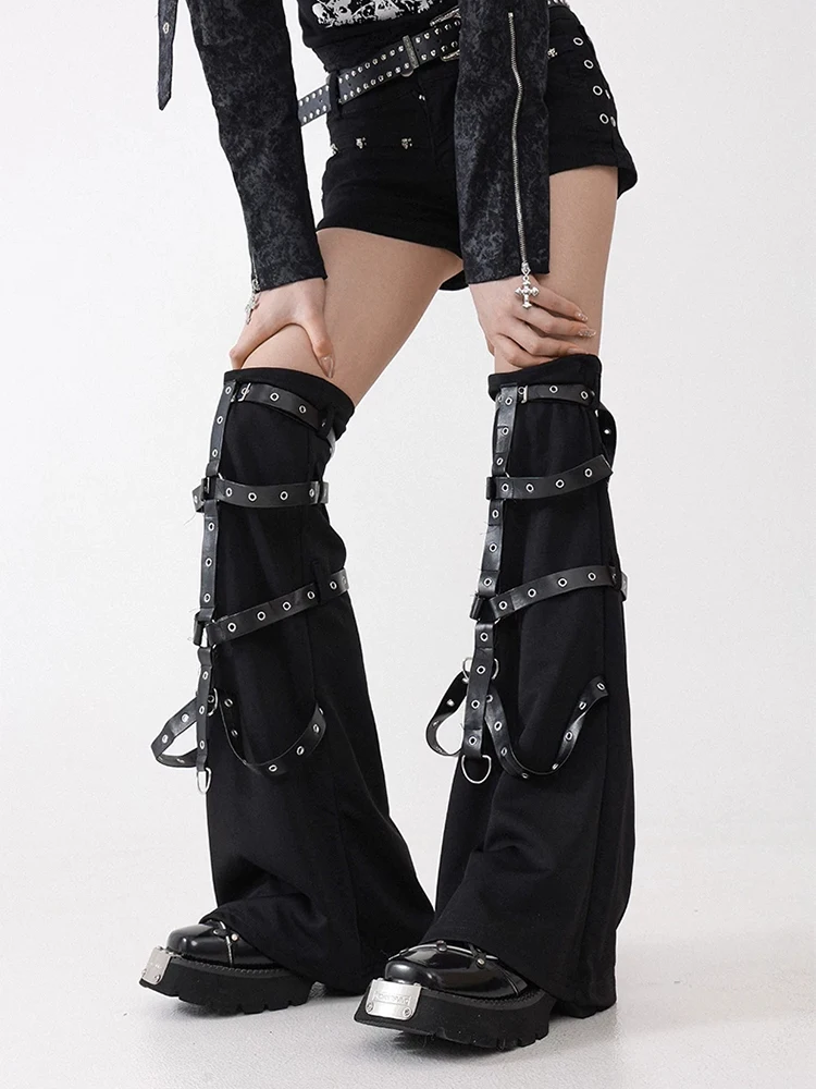 IMU ICON Harness Leg Warmers Patchwork PU Leather Belt Black Flared Boots Covers Punk Retro Festival Women Bell Bottoms