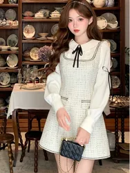 French Vintage Patchwork Short Dresses for Women Long Sleeves Tweed Korean Birthday Party Evening Dresses Autumn Spring Vestidos