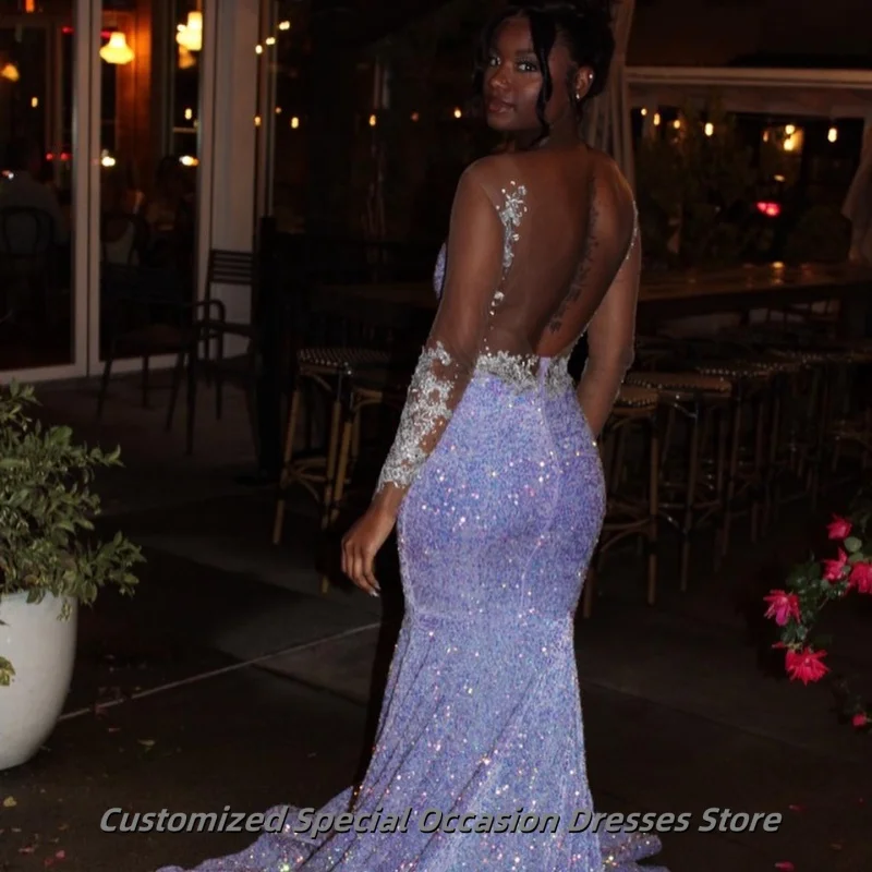 Sparkly Purple Diamond Rhinestones Mermaid Prom Dress 2025 Long Sleeve Crystals Birthday Party Gowns For Black Girls Customized