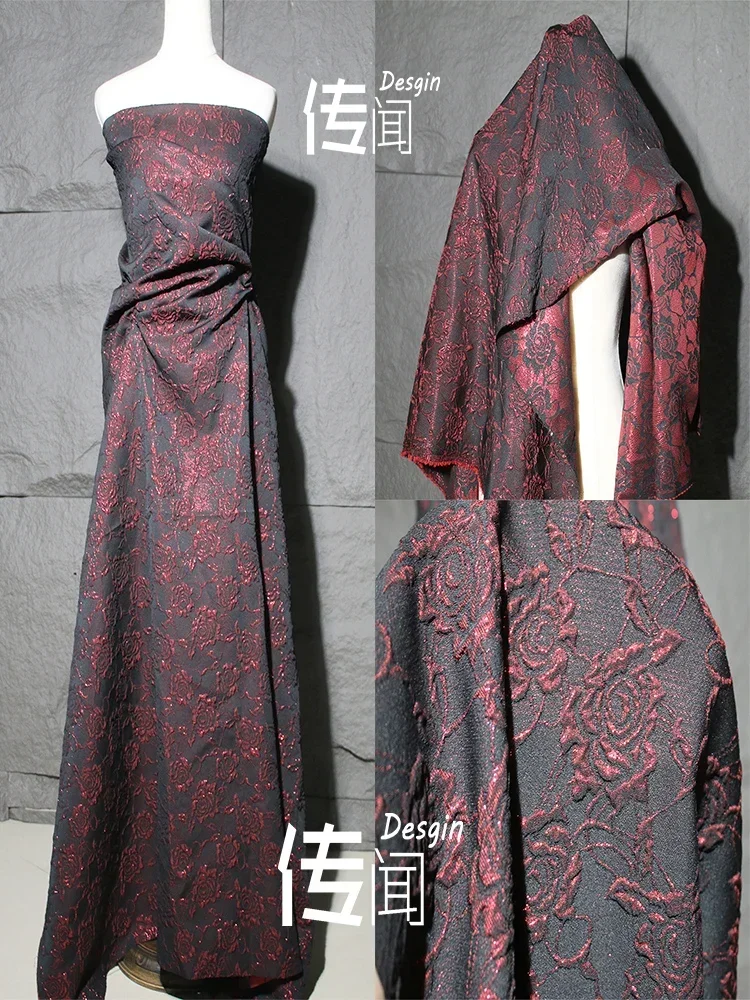 

Dark Red Rose Jacquard Fabric Creative Hanfu Dress Fashion Clothing Designer Cloth Diy Apparel Sewing Material By The Meter