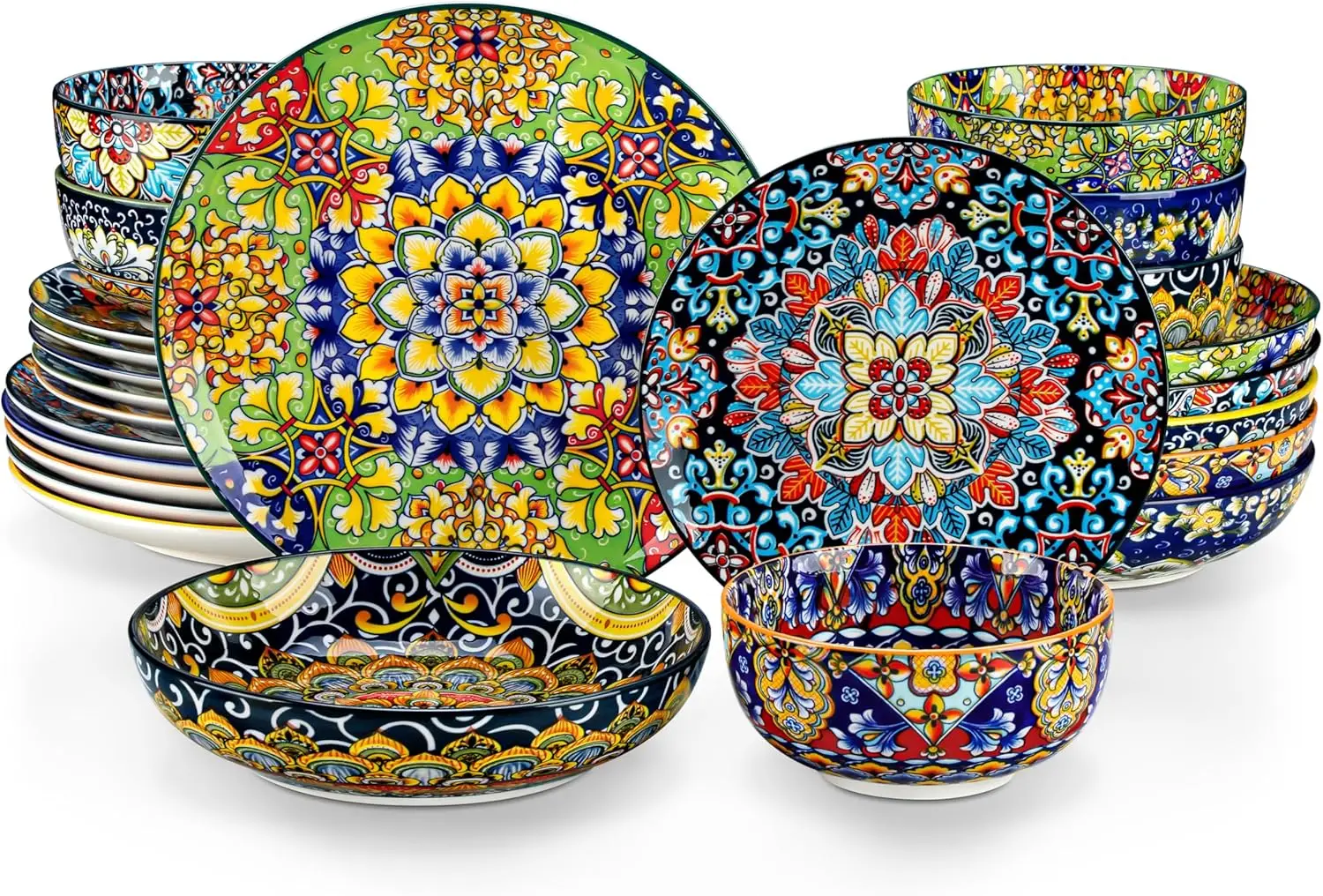 24-Piece Porcelain Dinnerware Collection for 6, Boho Plates and Bowls, Microwave & Dishwasher Safe, Scratch-Resistant Tableware