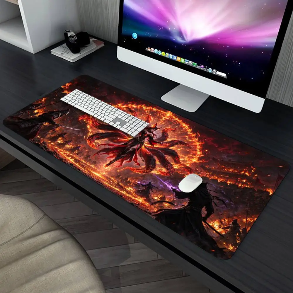 Large Nine Tailed Fox Fire Battlefield Mouse Pad Oriental Fantasy War Scene Extended Gaming Desk Mat, Anti-Slip Washable Playmat