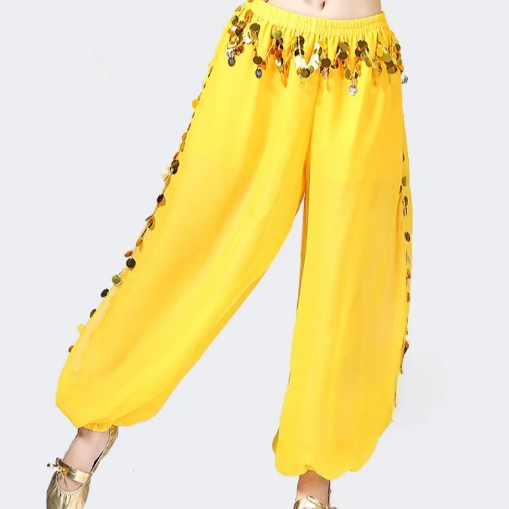 Women's Belly Dance Chiffon Pants - Split Wide-Leg Sequin Trousers, Lantern Pants for Indian & Xinjiang Dance Stage Performances