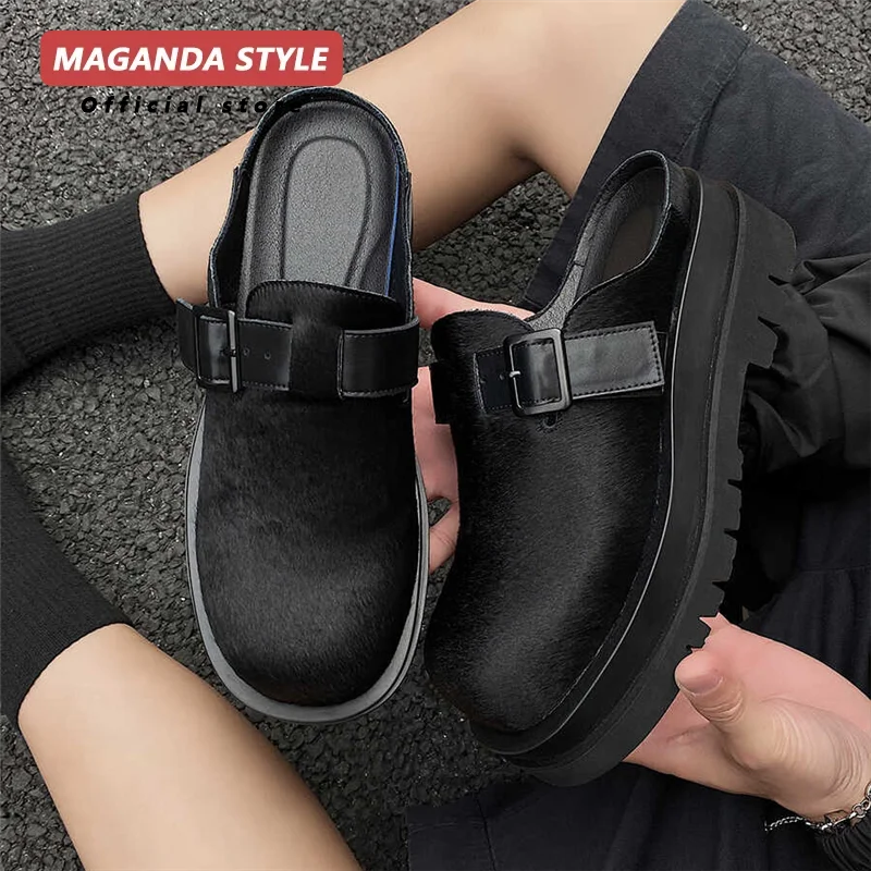 Retro genuine leather horsehair Birken for men 5cm height increase summer breathable slippers, outdoor beach shoes
