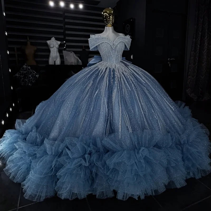 Gradient Blue Quinceanera Dress off-shoulder Peal Beadwork Decal Long Tail Lace Ruffle Bow Vestidos De 15 Quinceanera ﻿Customize