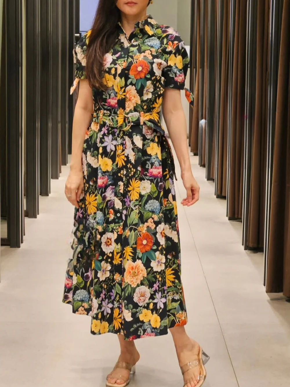 Women's Casual Poplin Short Sleeve A-Line Midi Dress Elegant Floral Print Lapel with Belt Spring Resort Dress