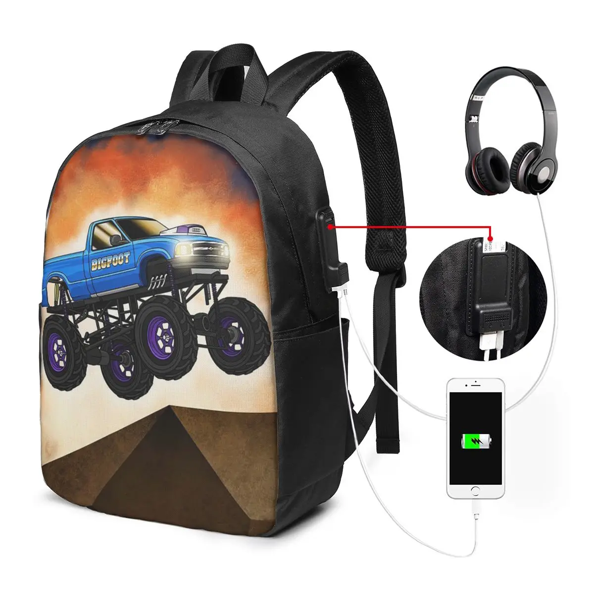 Cartoon Monster Truck In The Mountain Backpack Travel Notebook Bag Computer College Student School Bag Laptop Shoulder Bags