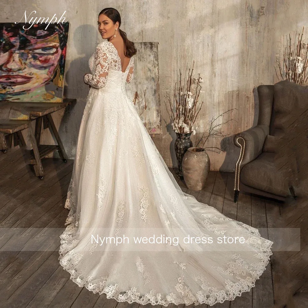 

Скромные свадебные платья больших размеров с длинными рукавами, женские свадебные платья с v-образным вырезом по индивидуальному заказу, 2025 блестящие кружева трапециевидной формы с длинным шлейфом, свадебные платья, платья