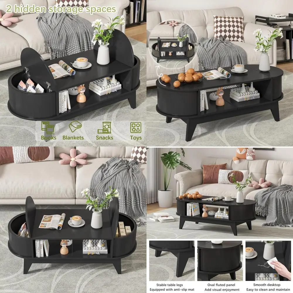 

Овальный журнальный столик середины века с двумя скрытыми ящиками и откидной крышкой черного цвета для гостиной и домашнего офиса