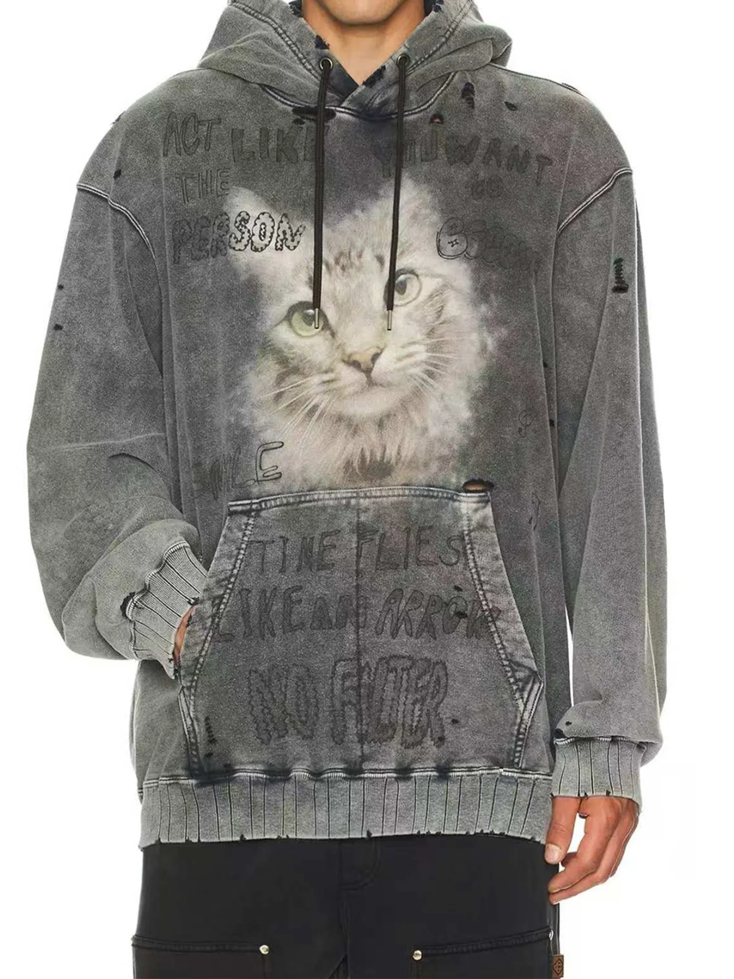 25SS MMY Sanyuan MIHARA Japanese Style Washed Water Distressed Hooded Sweatshirt with Cat Print for Men