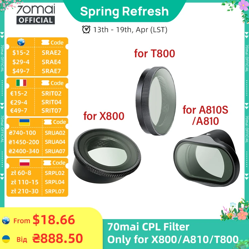 

Original 70mai CPL Filter Only for 70mai Dash Cam A810 4K Omni X800 3-Channel 4K T800 Circular Polarizing Lens CPL Filter