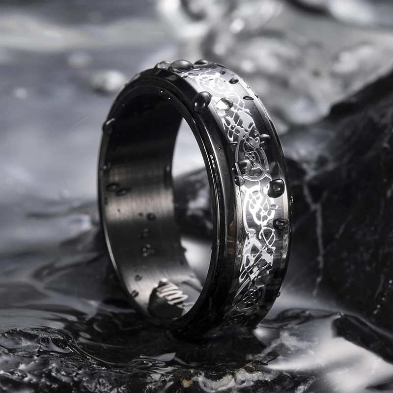 

Fashion Men's Stainless Steel Celtic Dragon Ring Rotatable Inlay Carbon Fiber Wedding Band Jewelry in Red Blue Black Colors