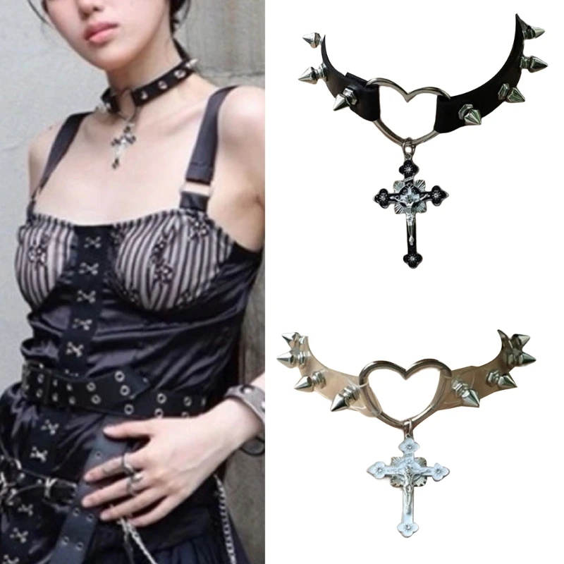 

Crosses Charm Choker Gothic Punk Faux Leather Rivet Studs Heart Collar Necklace