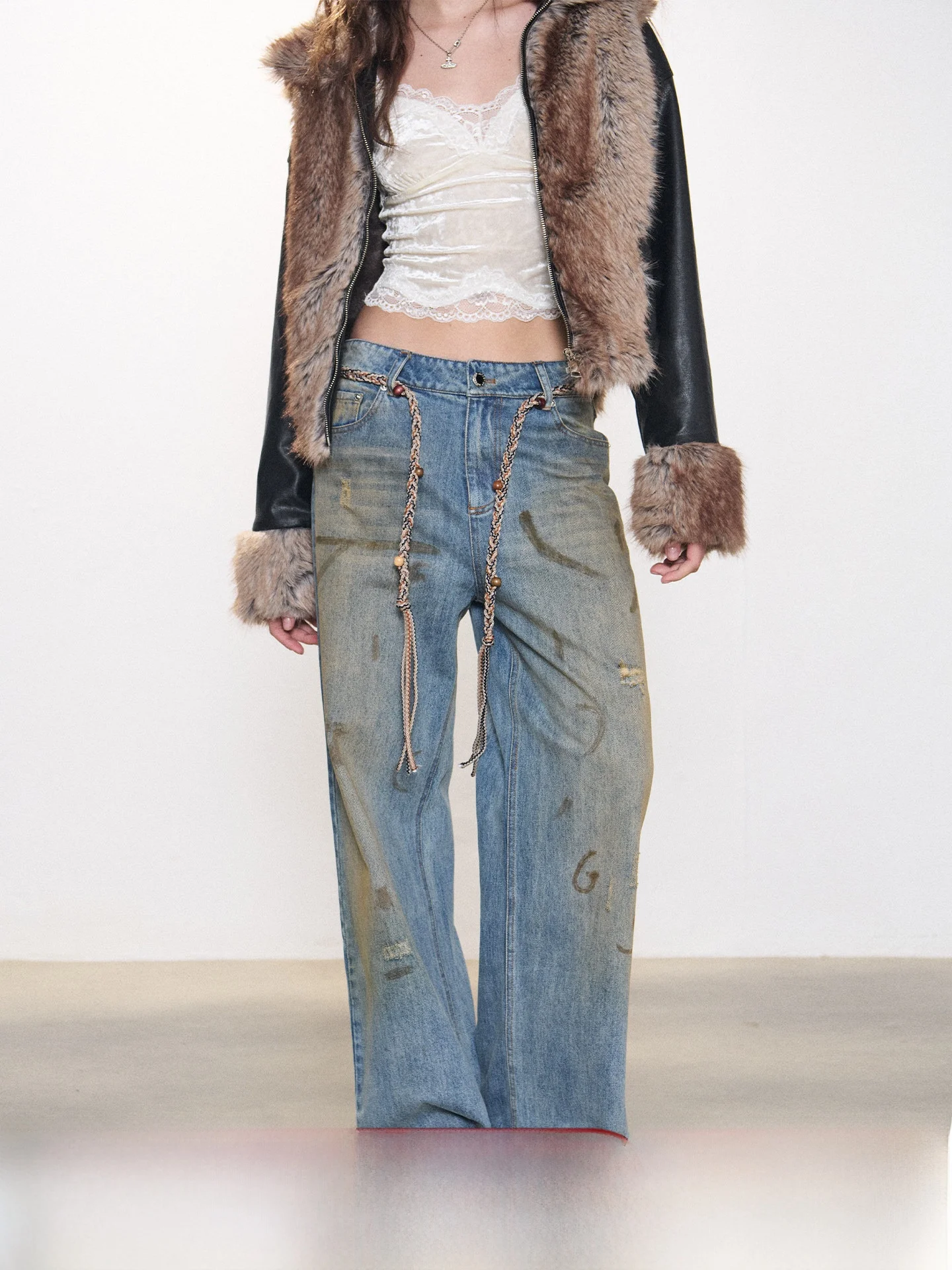 구스피어 오리지널 디자인 빈티지 워싱 루즈핏 여성 와이드 레그 진 잉크 스플래시 캐주얼 하이웨이스트 코튼 롱 팬츠