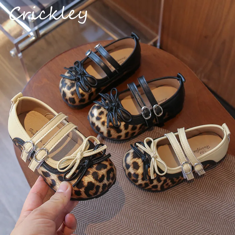 

Leopard Bow Girls Flats Shoes PU Patchwork Shallow Kids Princess Shoes Buckle Hook Loop Non Slip Children Fashion Shoes
