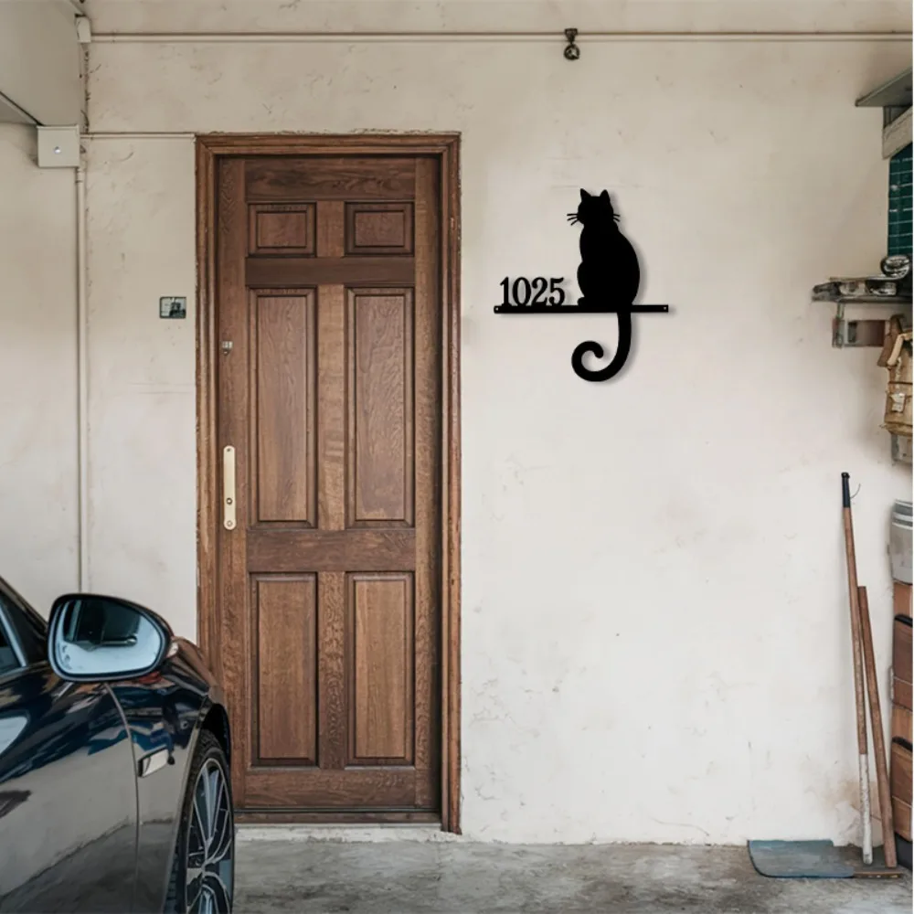 1Pcs Rustic Custom Cat Silhouette Wrought Iron Address Sign Limited Number Decor Farm Villa Courtyard Community Wall Gift - view 4