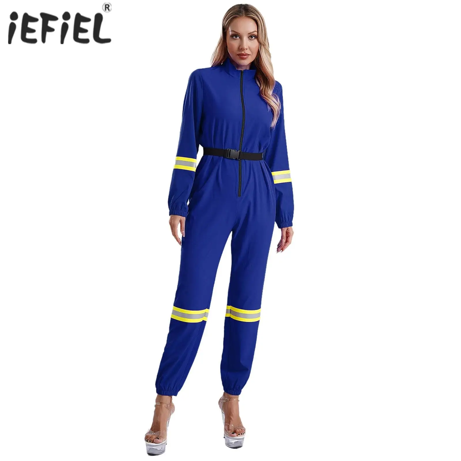 Womens Long Sleeve Front Zipper Firefighter Coveralls Jumpsuit Halloween Christmas Firefighter Heroes Cosplay Romper with Belt