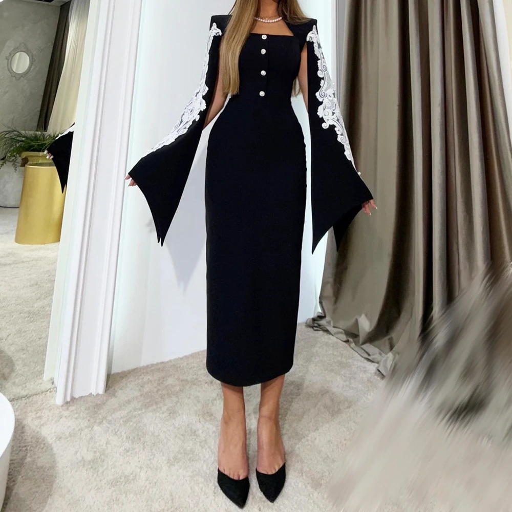 

Customized Straight Evening Dresses Tea-length Square Collar Sleeveless Prom Gown Simple Fashion Flowers Stole Button Party Gown