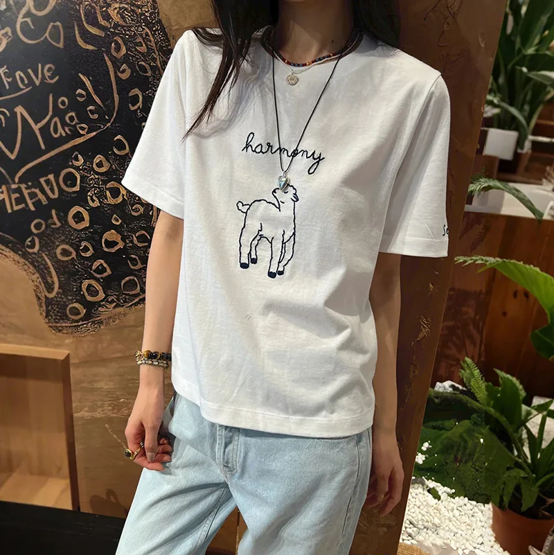 Top for Women 2024 New Spring Summer 100% Cotton Animal Pattern O-neck Casual All-match Short Sleeve T-shirt