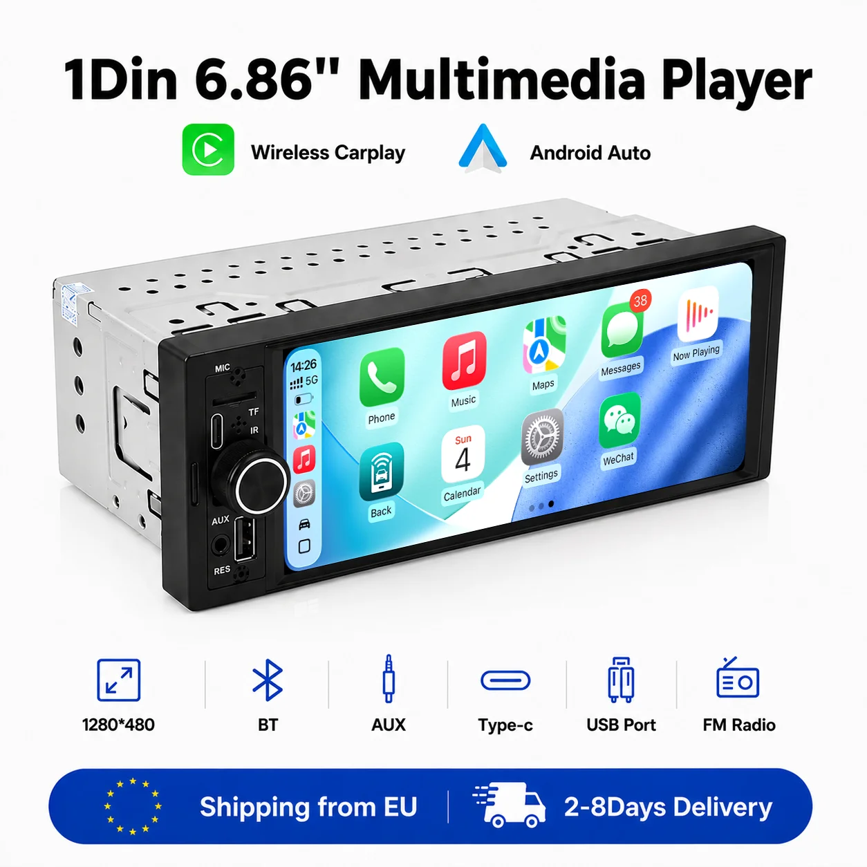MEKEDE Autoradio 1Din 6,86 Pollici Universale MP5 Schermo Touch IPS Carplay Wireless Android Auto Lettore Multimediale per Auto USB BT Type-C 1 DIN Carplay