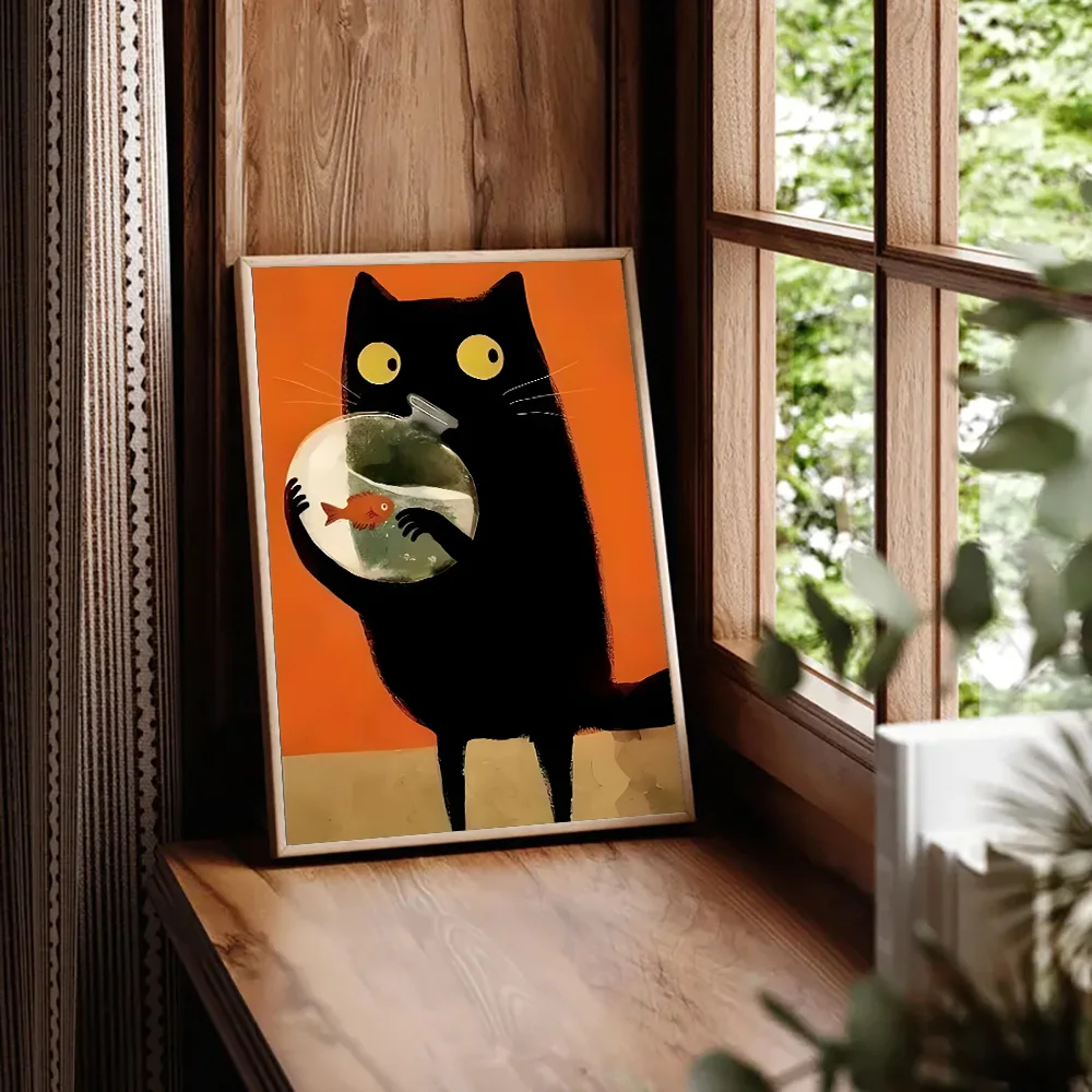 Peinture décorative sans cadre 1 motif chat café français - Tableau mural artistique chat noir paresseux pour la maison et le bureau sans cadre