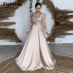 Eightale Champagne Evening Dress for Prom Sparkly Long Sleeves A-Line V-Neck Wedding Party Gowns Formal robe femme soirée