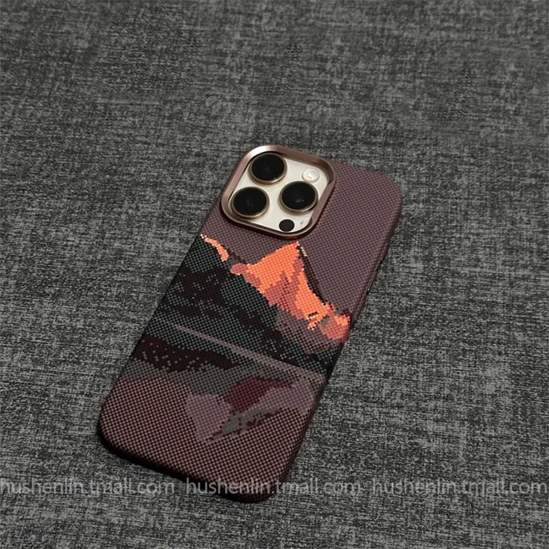 2026 New Mountain Relief Carbon Case for iPhone 16 15 17 Pro Max Magnetic Back Cover Hard PC Button Frame Protective Phone Shell