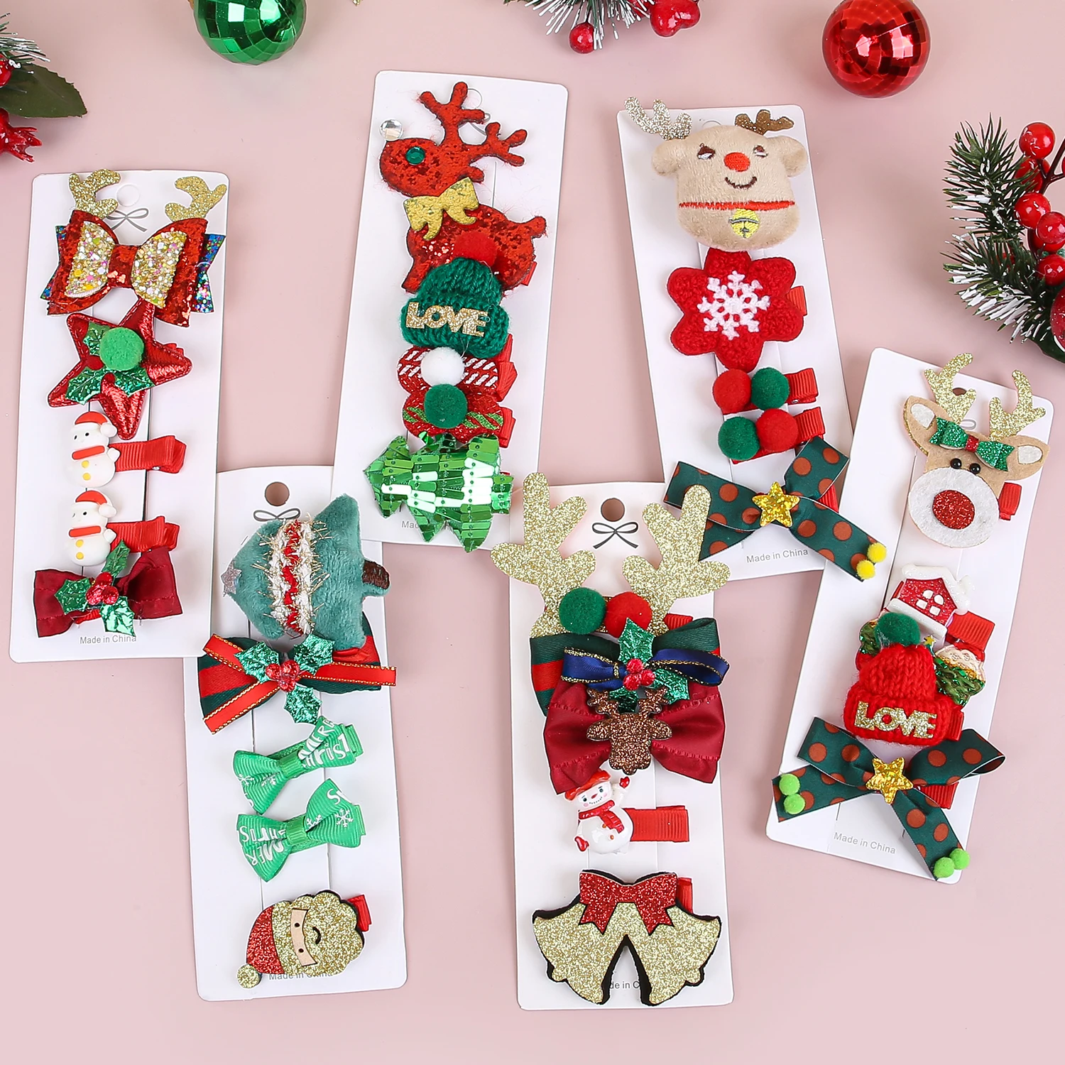 5pcs/set Kids Christmas Hair Clips Elk Snowflake Hairpins Baby Girls Hair Bows Barrettes Clips Christmas Party Hair Accessories