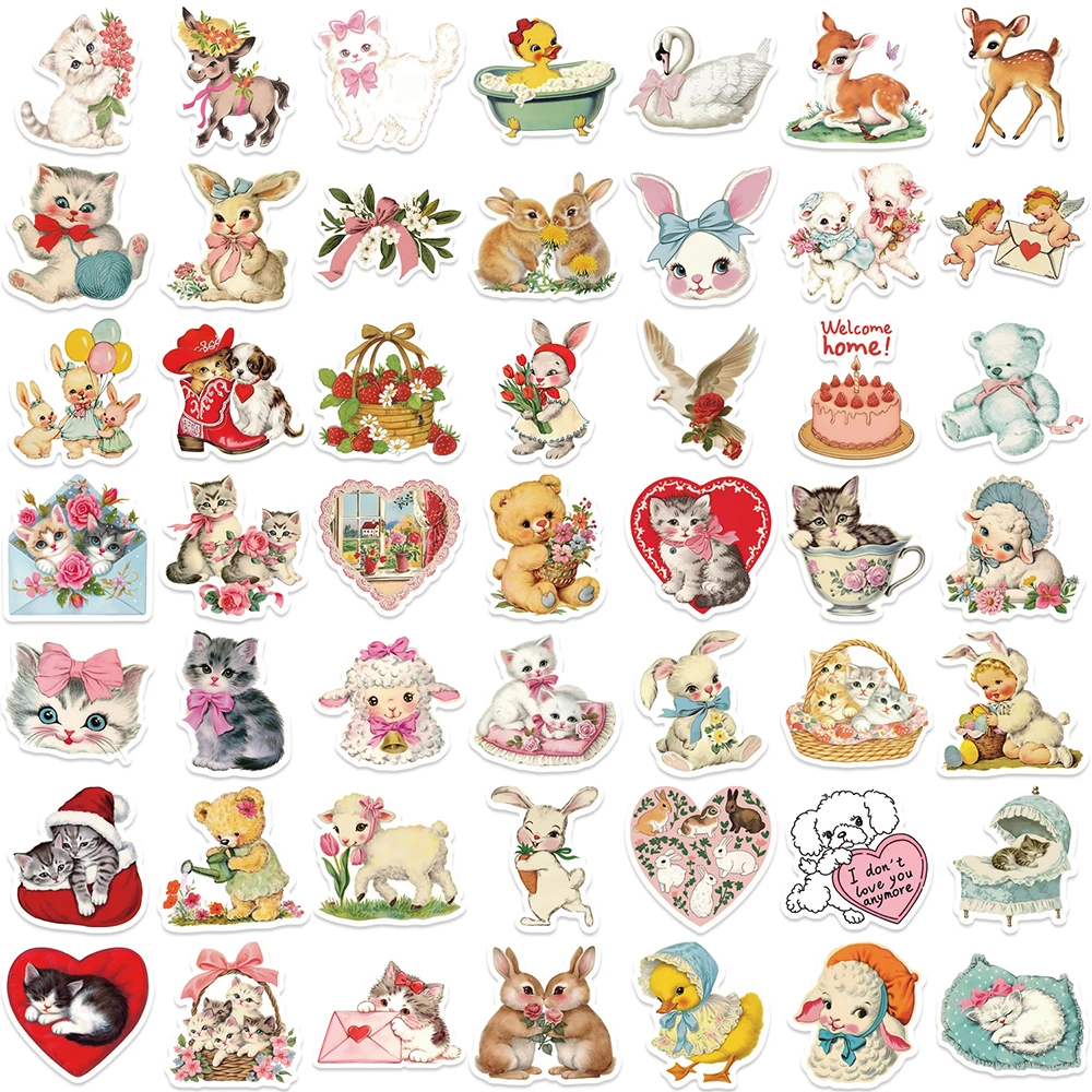 10/30/50pcs Vintage Animals Clipart Stickers Aesthetic Waterproof DIY Laptop Luggage Stationery Retro Cartoon Decoration Decals