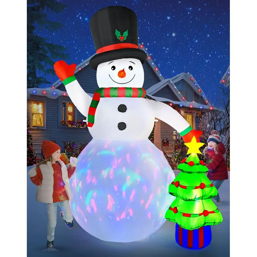 

Christmas Inflatables Snowman Outdoor Decorations with Christmas Tree Builtin Colorful Rotating LED Lights Christmas Snowman Blo