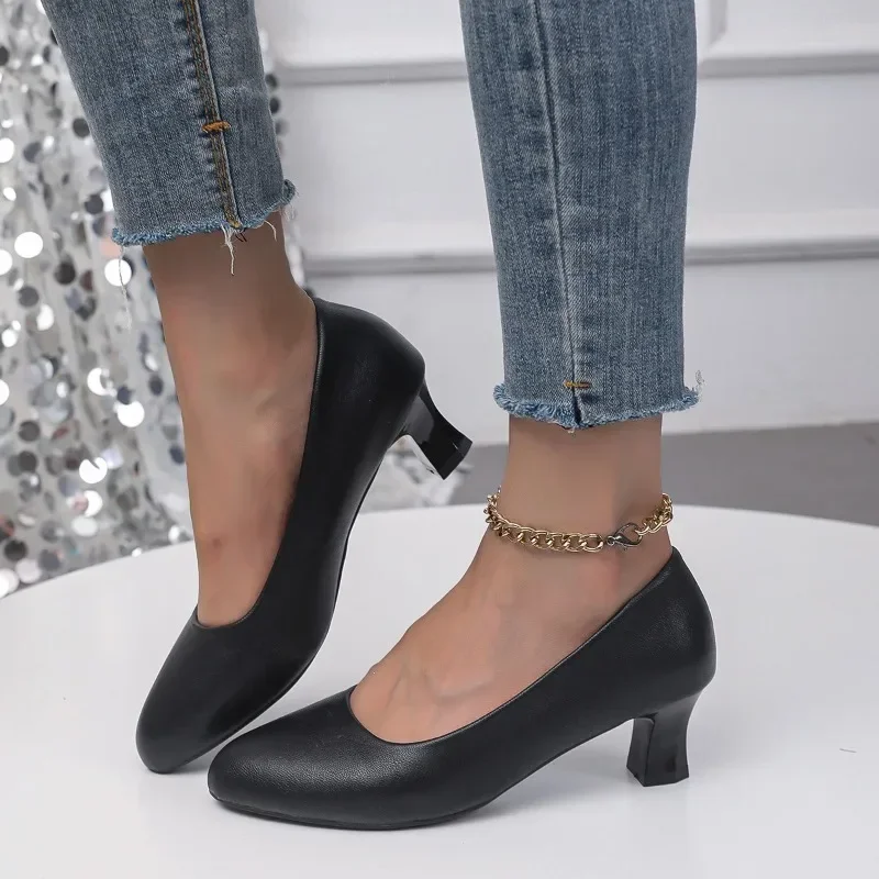 2024 New Fashion Versatile Hot Selling Women's Heeled Single Shoes Pointed Toe Workplace Temperament Women's Shoes Solid Color