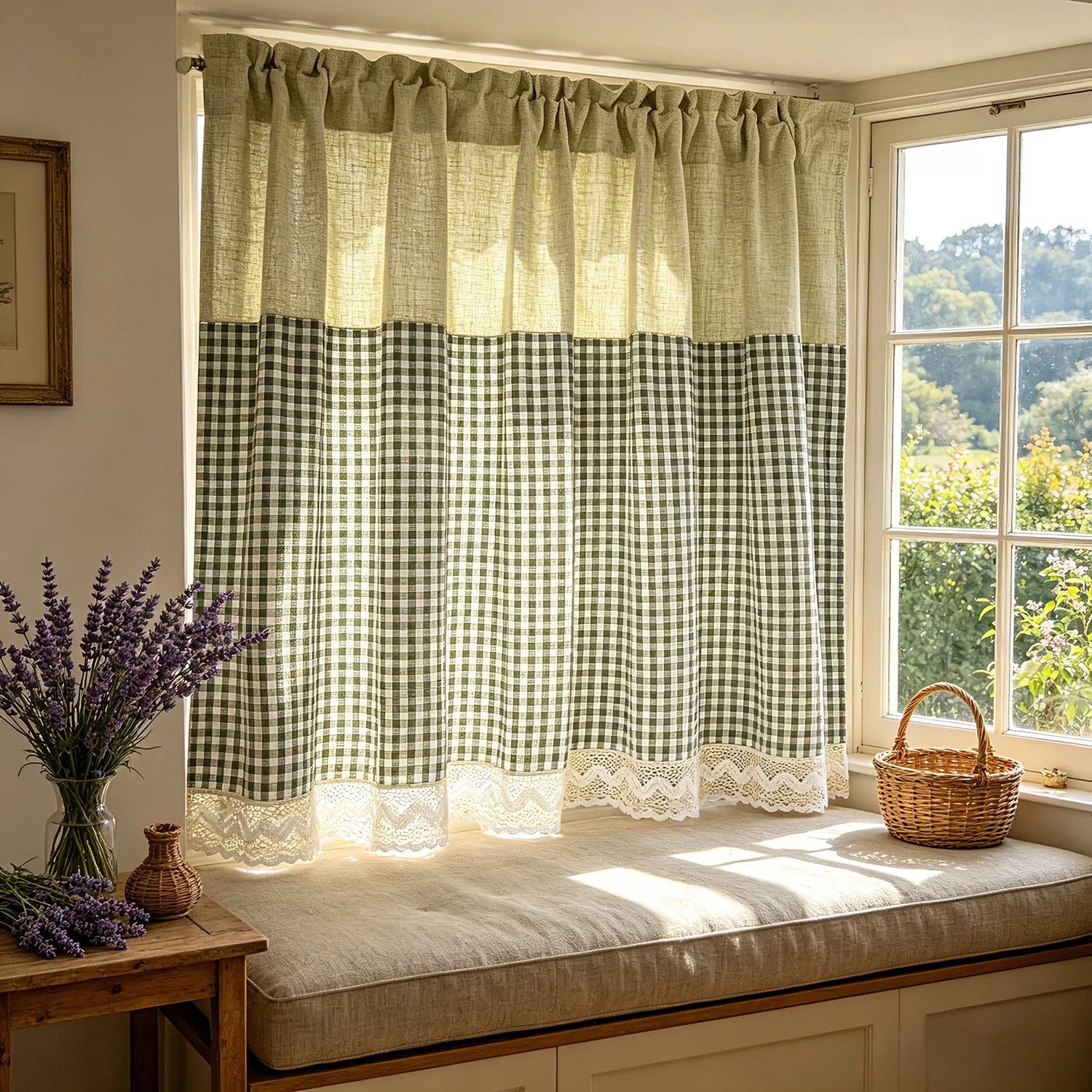 1PC Pastoral Green Lattice Stitching Short Curtain for Living Room Kitchen Study Door Window Drape Home Decoration