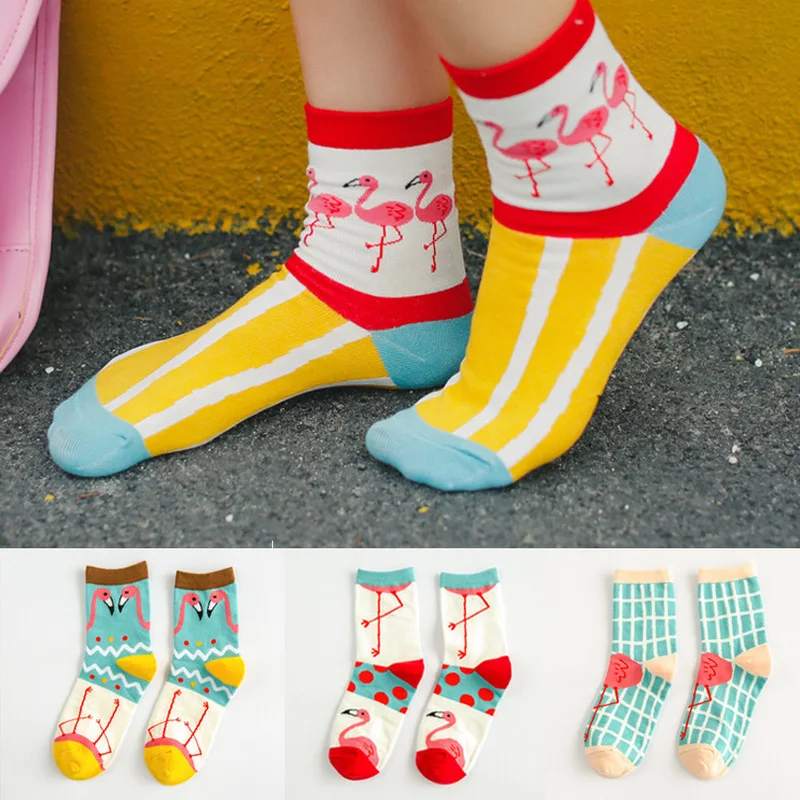 Fashion lady funny flamingo animal pattern socks kawaii cartoon image long cotton socks meia cute ladies