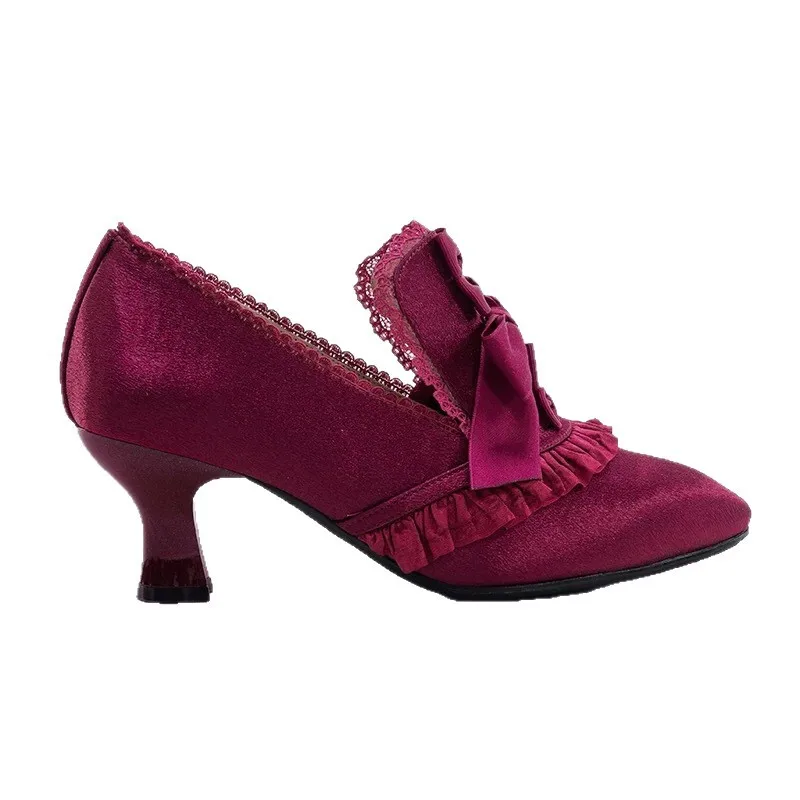 

Новые женские туфли на высоком каблуке с розовым милым бантом и кружевным декором в стиле Лолиты, обувь для вечеринок с острым носком, женские свадебные туфли Мэри Джейн